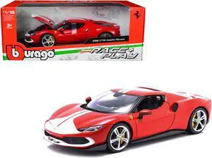 Ferrari 296 GTB Assetto Fiorano Red with White Stripes "Race + Play" Series 1/18 Diecast Model Car by Bburago