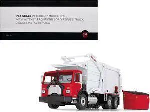 Peterbilt 520 Refuse Garbage Truck with Wittke Front Loader and Trash Bin Red and White 1/34 Diecast Model by First Gear