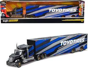 International LoneStar Enclosed Car Transporter "Toyo Tires" Black with Blue and Gray Stripes 1/64 Diecast Model by Maisto International LoneStar Enclosed Car Transporter "Toyo Tires" Black with Blue and Gray Stripes 1/64 Diecast Model by Maisto