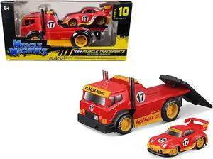 JDM Flatbed Truck #17 Red and Porsche RWB 911 993 #17 Red "Muscle Transports" Series 1/64 Diecast Model Cars by Muscle Machines