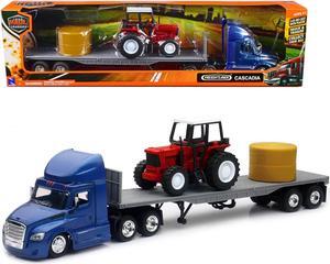 Freightliner Cascadia w/Flatbed Trailer Blue w/Farm Tractor Red and Hay Bales "Long Haul Trucker" 1/43 Diecast Model by New Ray