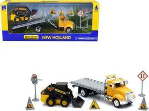 Peterbilt Roll-Off Flatbed Truck Yellow and New Holland L228 Skid Steer Yellow with Road Signs 1/43 Diecast Model by New Ray