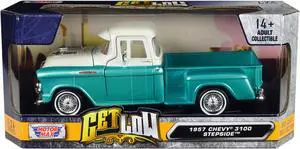 1957 Chevrolet 3100 Stepside Pickup Truck Lowrider Turquoise Met & White with White Interior 1/24 Diecast Model Car by Motormax