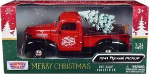1941 Plymouth Pickup Truck Red and Black "Merry Christmas" with Tree Accessory 1/24 Diecast Model Car by Motormax