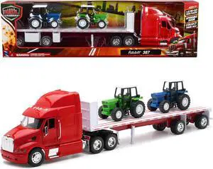 Peterbilt 387 Flatbed Truck Red with 2 Farm Tractors Blue and Green "Long Haul Trucker" Series 1/32 Diecast Model by New Ray