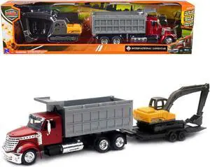 International Lonestar Dump Truck Red and Tracked Excavator Yellow w/Flatbed Trailer 1/43 Diecast Model by New Ray