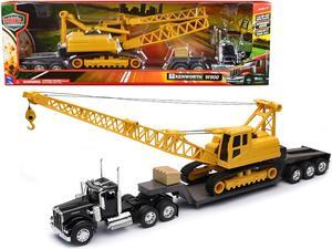 Kenworth W900 Truck with Lowboy Trailer Black and Crane Yellow "Long Haul Trucker" Series 1/32 Diecast Model by New Ray