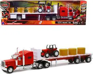 Peterbilt 389 Flatbed Truck Red with Farm Tractor Red and Hay Bales "Long Haul Trucker" Series 1/32 Diecast Model by New Ray