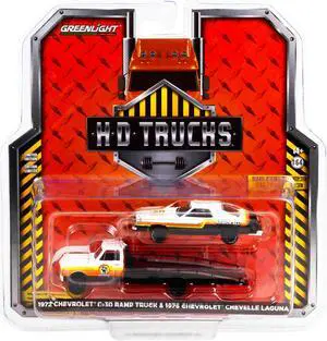 1972 Chevrolet C-30 Ramp Truck with 1976 Chevrolet Chevelle Laguna Black & White w/Stripes 1/64 Diecast Model Car by Greenlight