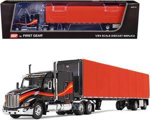 Peterbilt 579 with 72" Mid-Roof Sleeper and 53' Utility RollTarp Trailer Black and Red 1/64 Diecast Model by DCP/First Gear