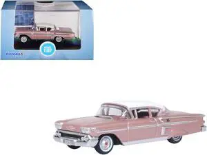 1958 Chevrolet Impala Sport Cay Coral Pink Metallic with White Top 1/87 (HO) Scale Diecast Model Car by Oxford Diecast