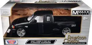 2001 Ford F-150 XLT Flareside Supercab Truck Matt Black w/White Interior "American Classics" 1/24 Die Cast Model Car by Motormax