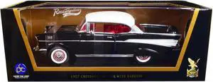 1957 Chevrolet Bel Air Hardtop Black with White Top and Red Interior 1/18 Diecast Model Car by Road Signature