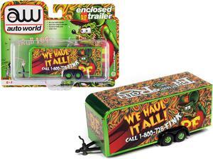 4-Wheel Enclosed Car Trailer Green with Graphics "Rat Fink: We Haul it All!" 1/64 Diecast Model by Auto World