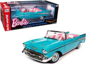 1957 Chevrolet Bel Air Convertible Aqua Blue w/Pink Interior Barbie Silver Screen Machines 1/18 Diecast Model Car by Auto World