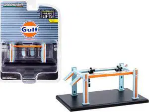 Adjustable Four-Post Lift "Gulf Oil" Light Blue and Orange "Four-Post Lifts" Series 1 1/64 Diecast Model by Greenlight