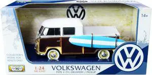 Volkswagen Type 2 (T1) Pickup White and Yellow with Wood Paneling with Surfboard 1/24 Diecast Model Car by Motormax