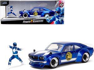1974 Mazda RX-3 Candy Blue w/White Interior & Graphics & Blue Ranger Figure "Power Rangers" 1/24 Diecast Model Car by Jada