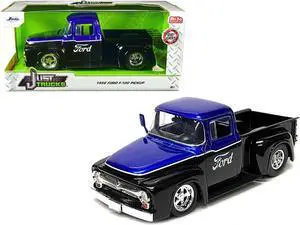 1956 Ford F-100 Pickup Truck Black and Blue Metallic with Ford Graphics "Just Trucks" Series 1/24 Diecast Model Car by Jada