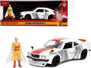 1974 Mazda RX-3 White w/Red Stripe and Graphics & Saitama Figure "One Punch Man" (2015-2019) TV 1/24 Diecast Model Car by Jada