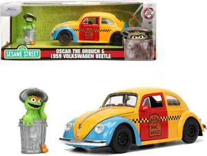 1959 Volkswagen Beetle Taxi Yellow and Blue and Oscar the Grouch Diecast Figure "Sesame Street" 1/24 Diecast Model Car by Jada
