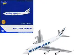 Boeing 747-400F Commercial Aircraft with Flaps Down White with Blue Tail Stripes 1/400 Diecast Model Airplane by GeminiJets