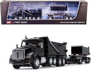 Kenworth T880 Quad-Axle Dump Truck and Rogue Transfer Tandem-Axle Dump Trailer Black 1/64 Diecast Model by DCP/First Gear