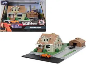 Toretto House Diorama with Dodge Charger Black and Toyota Supra Orange w/Graphics "Fast and Furious" "Nano Scene" Models by Jada