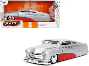 1951 Mercury Silver Metallic and Red with Flame Graphics and Red Interior "Bigtime Muscle" Series 1/24 Diecast Model Car by Jada