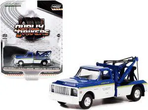 1972 Chevrolet C-30 Dually Wrecker Truck White and Blue w/Yellow Stripes 1/64 Diecast Model Car by Greenlight