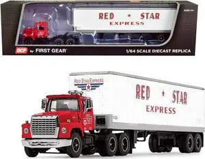 Ford LT-9000 Day Cab with Vintage 40' Dry Goods Tandem-Axle Trailer Red and White 1/64 Diecast Model by DCP/First Gear