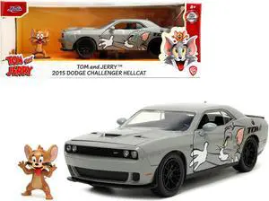 2015 Dodge Challenger Hellcat Gray with "Tom" Graphics and Jerry Diecast Figure "Tom and Jerry" 1/24 Diecast Model Car by Jada