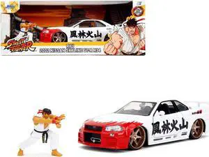 2002 Nissan Skyline GT-R (R34) RHD White w/Graphics and Ryu Figure "Street Fighter" Video Game 1/24 Diecast Model Car by Jada