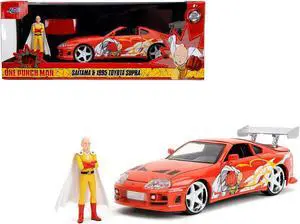 1995 Toyota Supra Red with Graphics and Saitama Diecast Figure "One Punch Man" (2015-2019) TV Series 1/24 Diecast Model by Jada