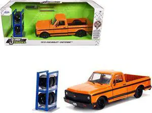 1972 Chevrolet Cheyenne Pickup Truck Orange with Black Stripes and Extra Wheels 1/24 Diecast Model Car by Jada
