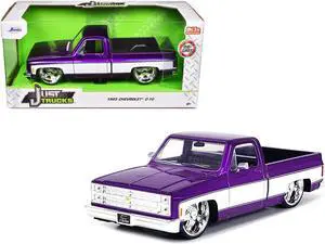 1985 Chevrolet C-10 Truck Purple Metallic and White with Lorenzo Wheels "Just Trucks" Series 1/24 Die Cast Model Car by Jada
