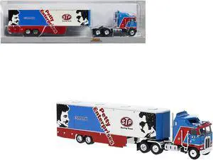 1980 Kenworth K-100 COE Aerodyne Transporter Blue and Red "STP Racing Team" 1/87 (HO) Scale Model Car by Brekina