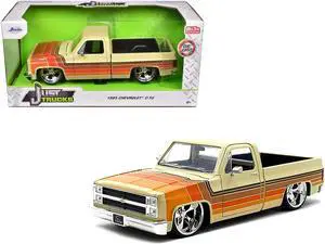 1985 Chevrolet C-10 Pickup Truck Beige with Stripes and Cartelli Wheels "Just Trucks" Series 1/24 Die Cast Model Car by Jada