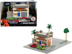 Toretto Cafe Diorama with Mitsubishi Eclipse Green and Ford F-150 SVT Lightning Red "Fast and Furious" Model by Jada