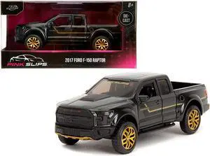 2017 Ford F-150 Raptor Pickup Truck Black Metallic with Gold Stripes "Pink Slips" Series 1/32 Diecast Model Car by Jada