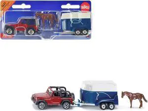 Jeep Red with Horse Trailer Blue and Horse Accessory Diecast Model by Siku