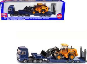 MAN Truck Blue Metallic with Low Loader Trailer and JCB 457 Wheel Loader Yellow 1/87 (HO) Diecast Model by Siku