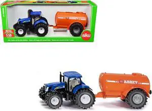 New Holland T7070 Tractor Blue with Abbey Single Axle Vacuum Tanker Orange 1/50 Diecast Model by Siku