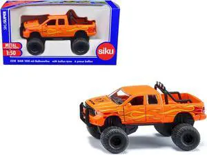 Ram 1500 Pickup Truck Lifted with Balloon Tires Orange with Flames 1/50 Diecast Model by Siku