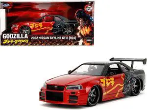2002 Nissan Skyline GT-R (R34) RHD Red Metallic and Black "Godzilla vs. Destoroyah" (1995) Movie 1/24 Diecast Model Car by Jada