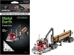 Western Star 4900 Log Truck and Trailer Red Metallic (Challenging Difficulty) Steel Model Kit by Metal Earth