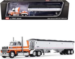 Ford LTL 9000 60" Aerodyne Sleeper with Wilson Pacesetter Grain Trailer Orange and White 1/64 Diecast Model by DCP/First Gear