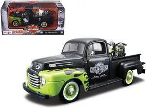 1948 Ford F-1 Pickup Truck Harley Davidson & 1948 Harley Davidson FL Panhead Motorcycle Black & Green 1/24 Diecast Models Maisto