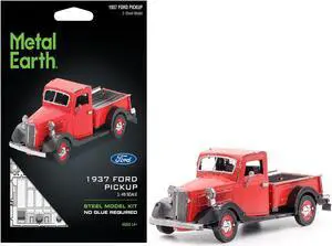 Model Kit 1937 Ford Pickup Truck Red and Black (Moderate Difficulty) Steel Model by Metal Earth