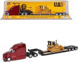 Peterbilt 579 UltraLoft Tandem Tractor Red Met w/Trailer and CAT D5M Dozer Yellow 1/87 (HO) Diecast Model made by Diecast Masters
